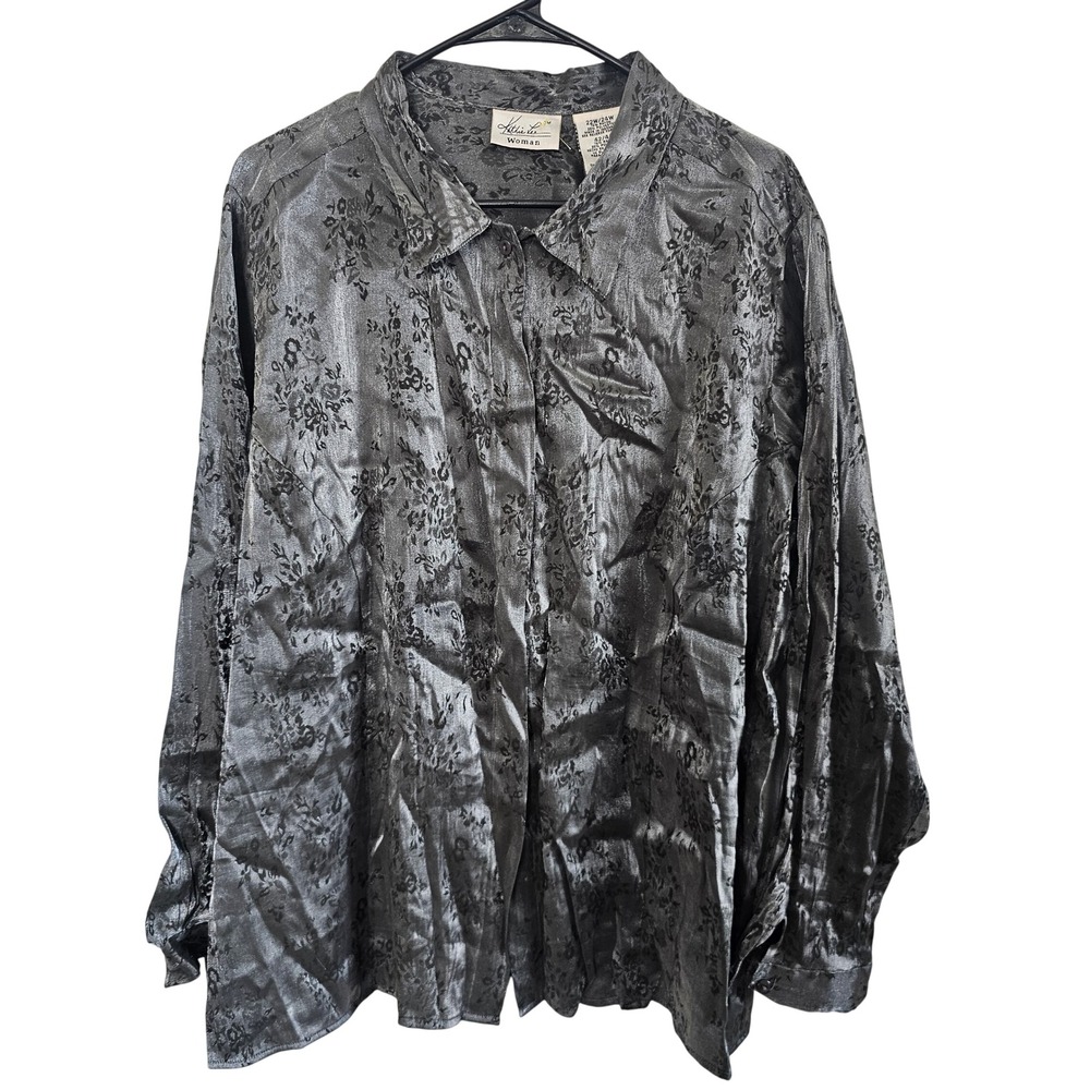 Kathie Lee Woman Silver Jacquard Button Down Shirt Plus Size 22W 24W KL073414